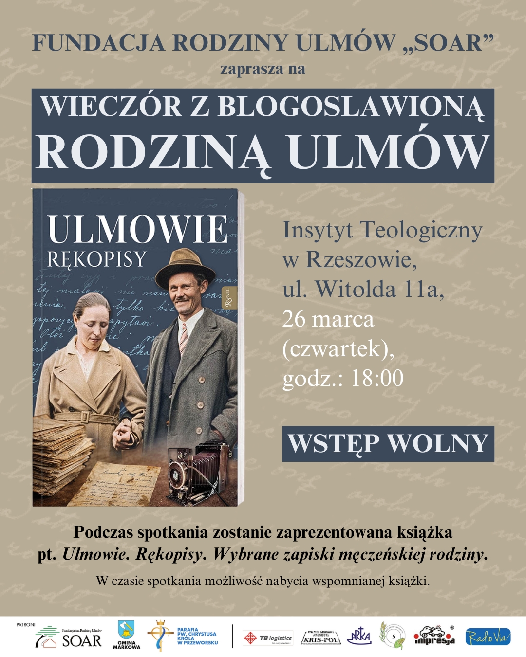 Rzeszów: „Wieczór z Błogosławioną Rodziną Ulmów”. Premiera książki Ulmowie. Rękopisy. (26 marca 2026)